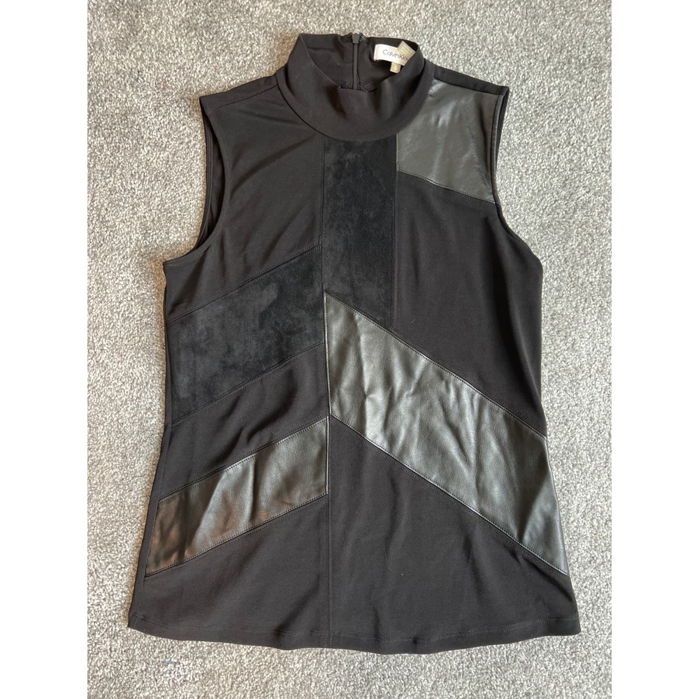 Calvin Klein Womens Black Faux Leather Suede Mixed Media Mock Neck Top Small